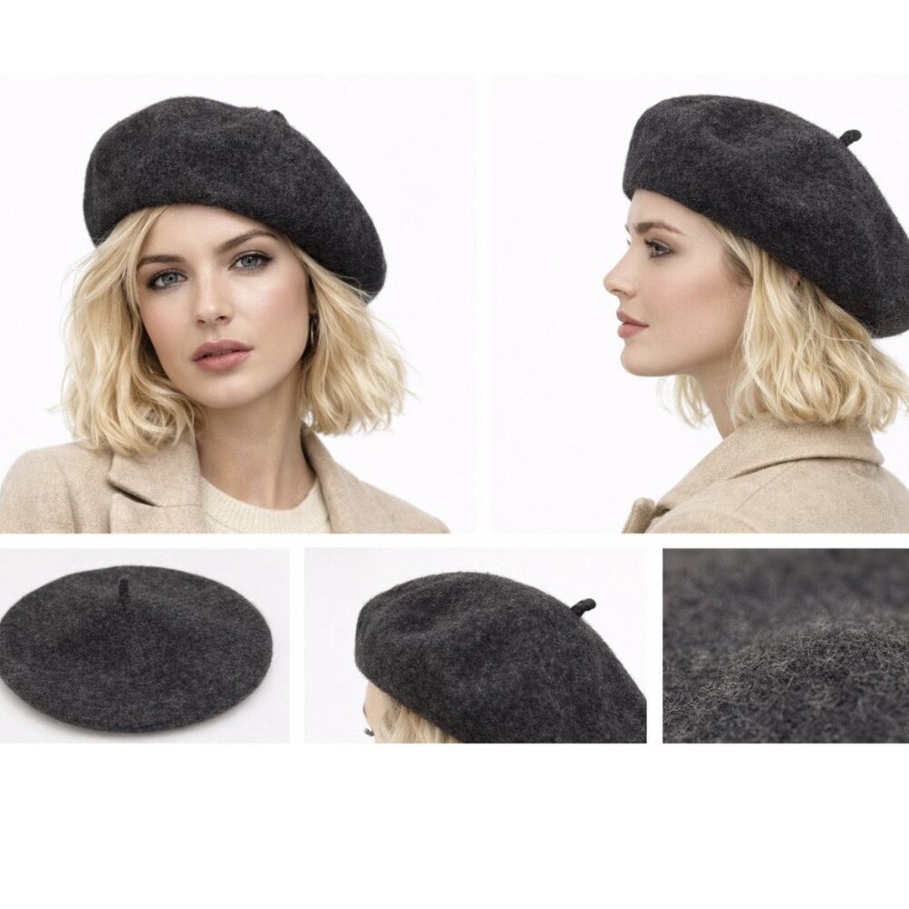Wool Beret Hat Dark Grey Classic Parisian Soft Knit Cozy Chic Winter Everyday